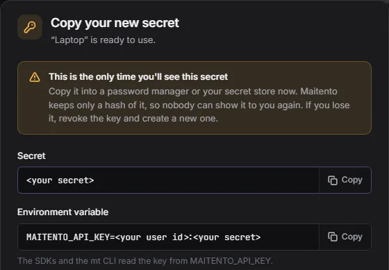 The new API key's secret and its MAITENTO_API_KEY environment variable line, each with a Copy button