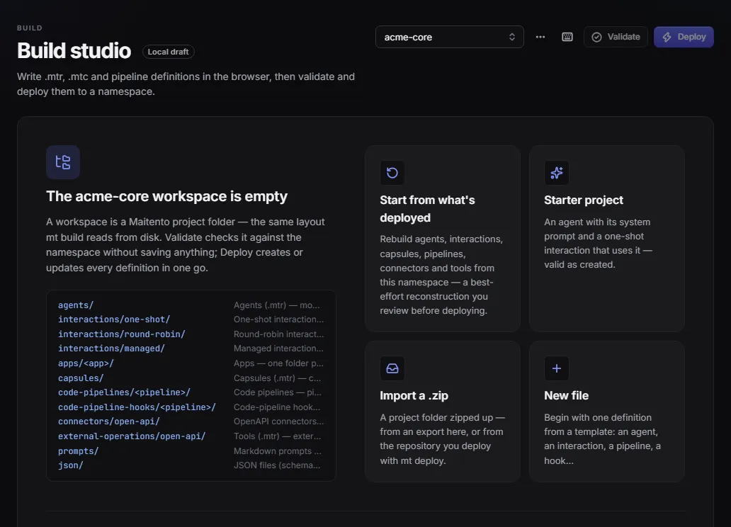 Build studio: start from what's deployed, a starter project, an imported .zip or a new file
