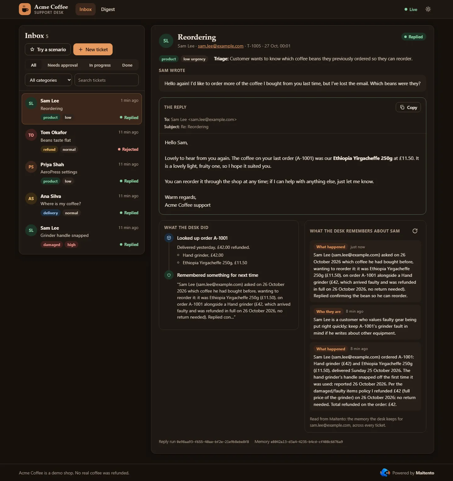 Sam's second ticket "Reordering" in the dark theme: the reply names the Ethiopia Yirgacheffe 250g from order A-1001. What the desk did: looked up order A-1001, remembered something for next time. What the desk remembers about Sam: three threads, about the grinder that snapped and was refunded, the beans he bought, and that he values faulty gear being put right quickly.