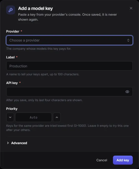 The Add a model key dialog: provider, label, API key and priority