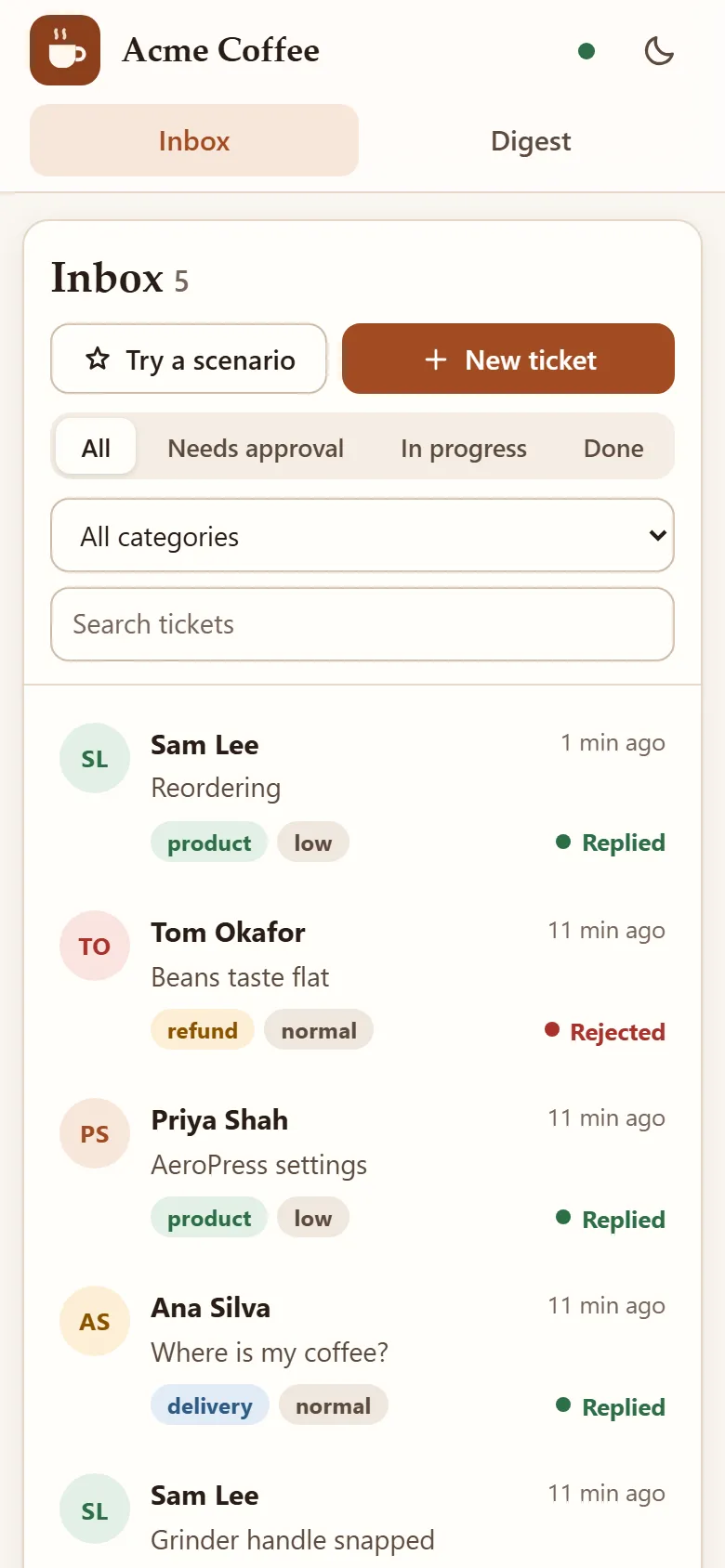 The inbox on a phone, in the light theme: five tickets, each with the customer, the subject, category and urgency chips, and a status.