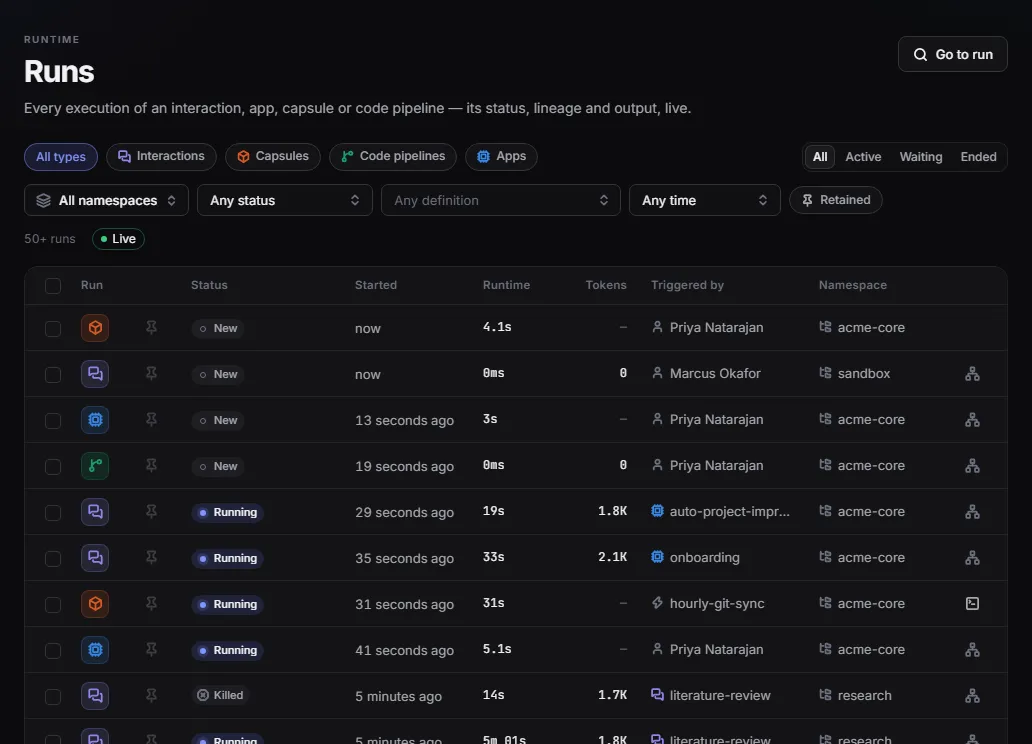 The Runs page: every run with its status, start time, runtime, tokens and namespace