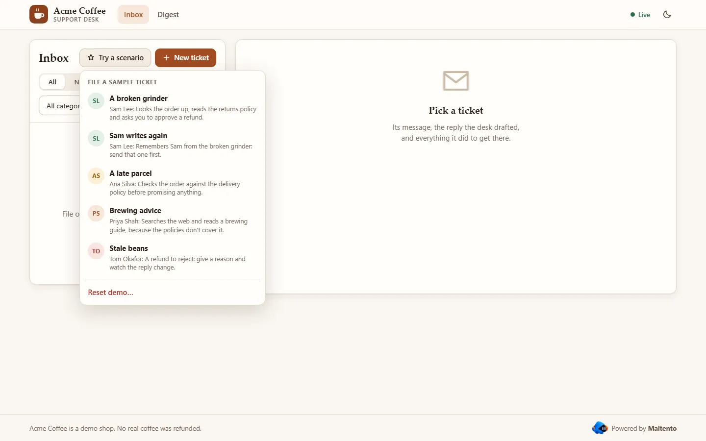 The scenario menu open over the empty inbox: A broken grinder, Sam writes again, A late parcel, Brewing advice and Stale beans, each with the customer's name and what it shows, and Reset demo at the bottom.